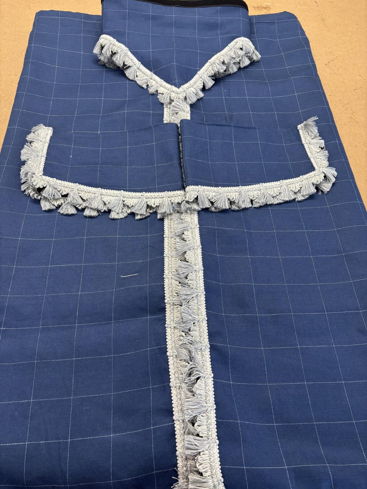 Ready Made Cab Curtain Set - Blue Check with silver grey tassel Whiterig Truck Curtains